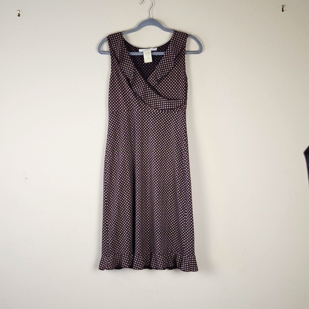 Max Studio midi dress, black with pink stars, vintage style, size Small